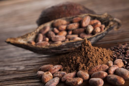 Cocoa pod on wooden background