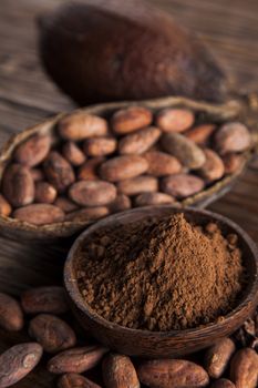 Cacao beans and powder and food dessert background