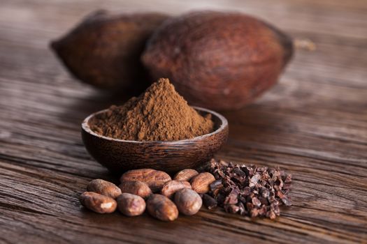 Cacao beans and powder and food dessert background