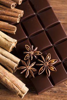 Bars Chocolate , candy sweet, dessert food on wooden background