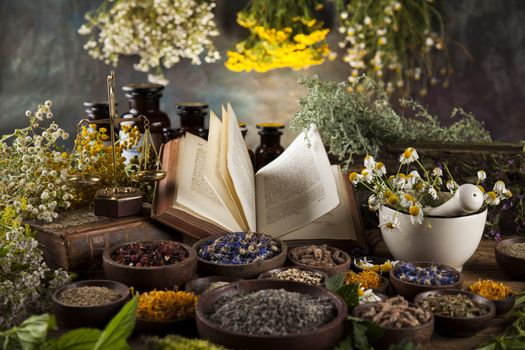 Natural medicine on wooden table background