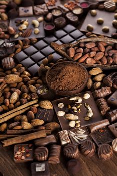 Chocolate sweet, cocoa pod and food dessert background