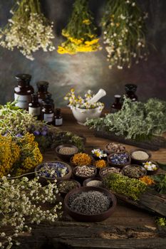 Herbs, berries and flowers with mortar, on wooden table background