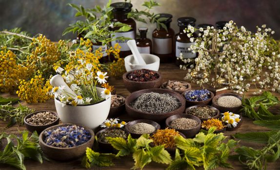 Natural medicine, herbs, mortar on wooden table background