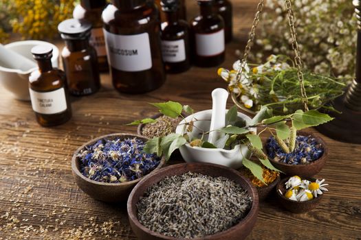 Herbs, berries and flowers with mortar, on wooden table background