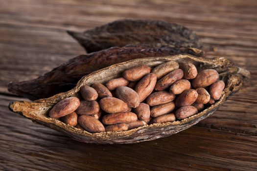 Cocoa pod on wooden background