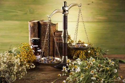 Herbal medicine and book on wooden table background