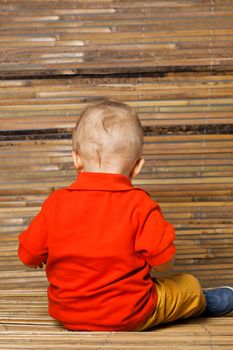 baby boy sitting on the floor, facing back, on bamboo background