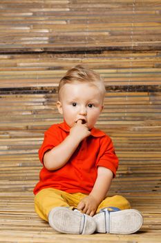 baby boy sitting on the floor, looking at camera, on bamboo background