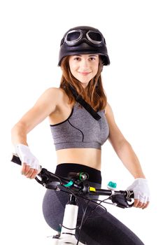girl with a mountainbike wearing an us army style aviation helmet