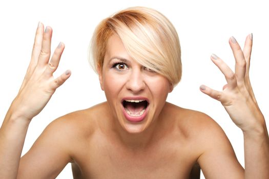 blond girl with short hair screaming and making angry gesture with hands