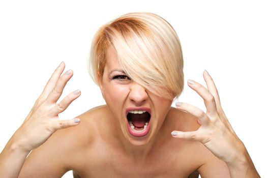 blond girl with short hair screaming and making angry gesture with hands