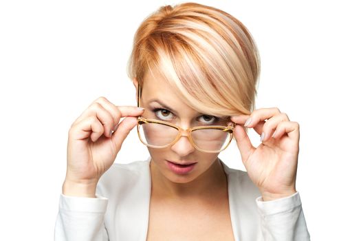 blond girl with short hair and vintage glasses