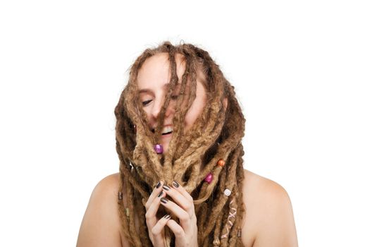 portrait of a caucasian girl with dreadlocks hairstyle