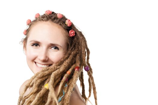 portrait of a happy caucasian girl with dreadlocks hairstyle