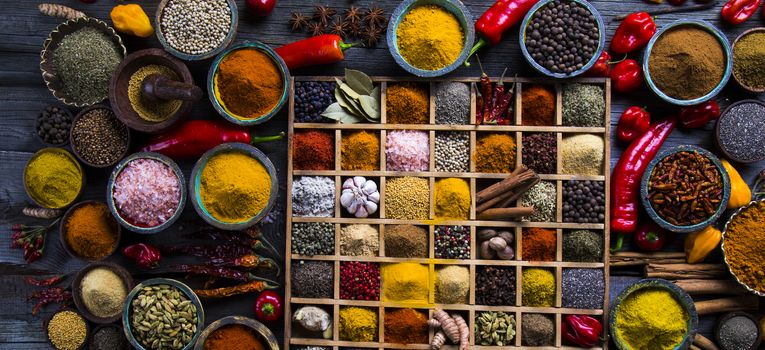 Close-up of different types of Assorted Spices in a wooden box