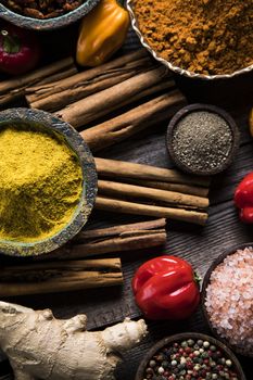 Hot spices in wooden bowls