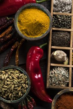 Wooden box with spices and herbs