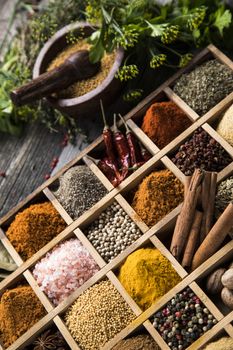 Close-up of different types of Assorted Spices in a wooden box