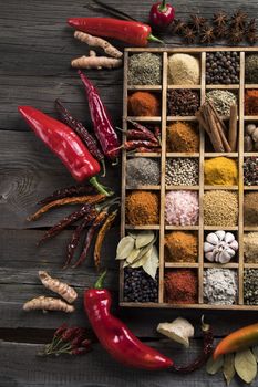 Close-up of different types of Assorted Spices in a wooden box