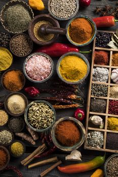 Close-up of different types of Assorted Spices in a wooden box