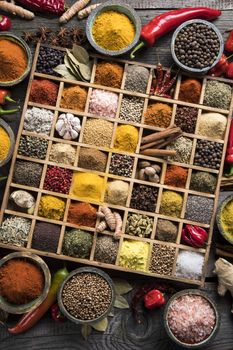 Close-up of different types of Assorted Spices in a wooden box