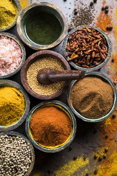 Hot spices in wooden bowls