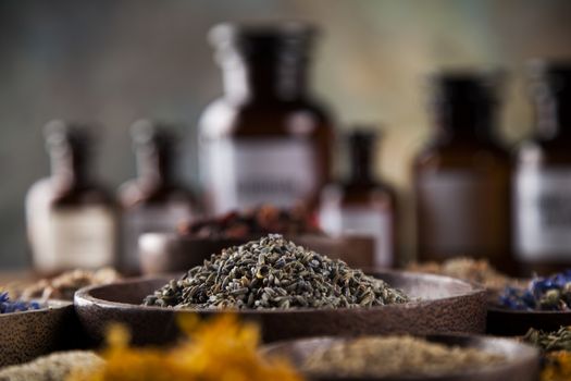 Herbal medicine on wooden desk background