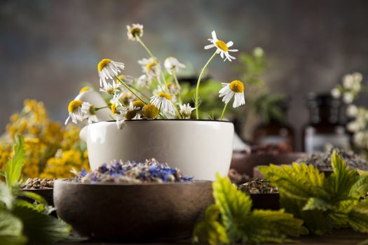 Natural medicine, herbs, mortar on wooden table background