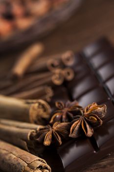 Bars Chocolate , candy sweet, dessert food on wooden background