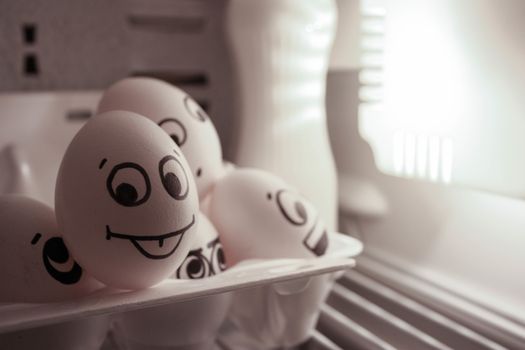 The concept of surveillance and eavesdropping. Face eggs are funny in the fridge. Photo for your design. The egg looks into the camera