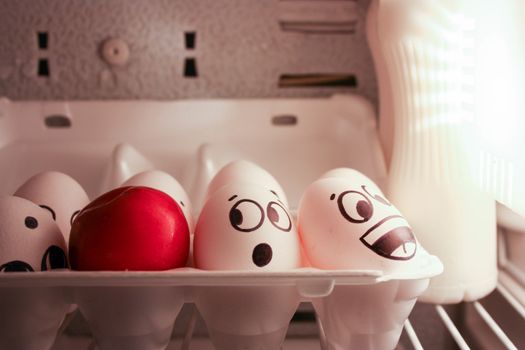 Face eggs are funny in the fridge. Photo for your design. Group of eggs with red plum