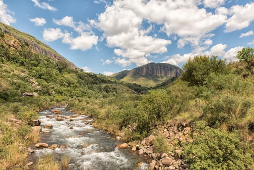 The Injisuthi river in the Kwazulu-Natal Drakensberg as seen from the road bridge near Injisuthi camp
