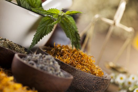 Natural medicine on wooden table background