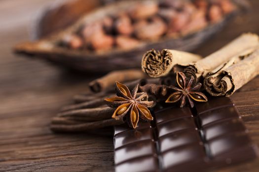 Bars Chocolate , candy sweet, dessert food on wooden background