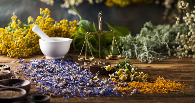 Herbs medicine,Natural remedy and mortar on vintage wooden desk background