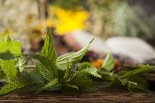 Natural medicine on wooden table background