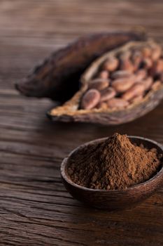 Cacao beans and powder and food dessert background