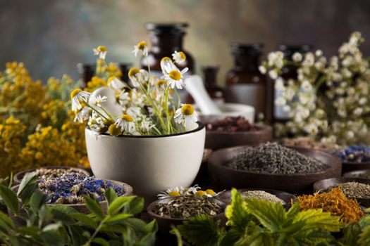Natural medicine, herbs, mortar on wooden table background
