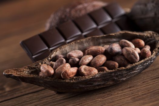 Cocoa pod on wooden background