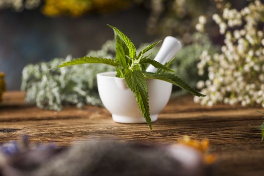 Natural medicine on wooden table background