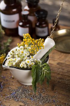 Herbs medicine,Natural remedy and mortar on vintage wooden desk background