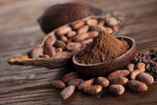 Cacao beans and powder and food dessert background