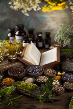 Natural medicine on wooden table background