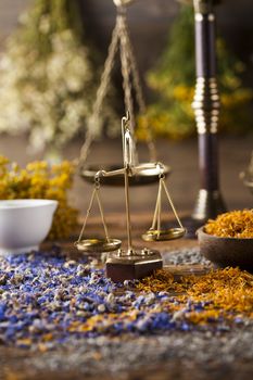 Natural medicine on wooden table background