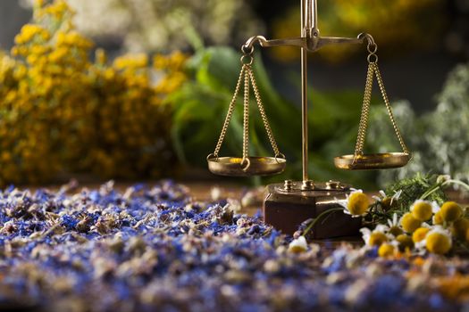 Natural medicine on wooden table background