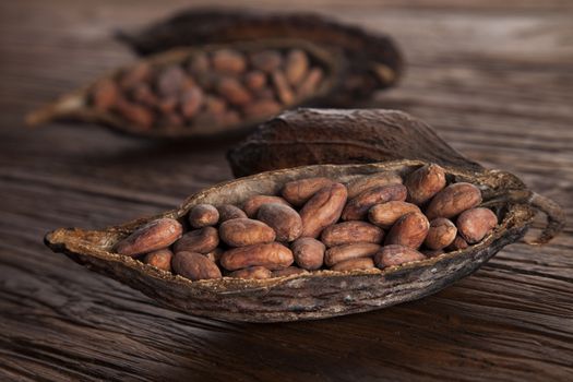 Cocoa pod on wooden table