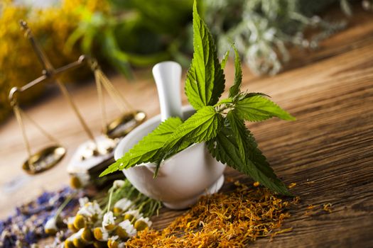 Natural medicine on wooden table background