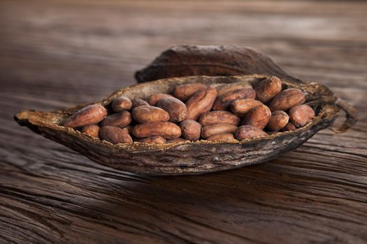 Cocoa pod on wooden background