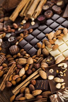 Chocolate sweet, cocoa pod and food dessert background